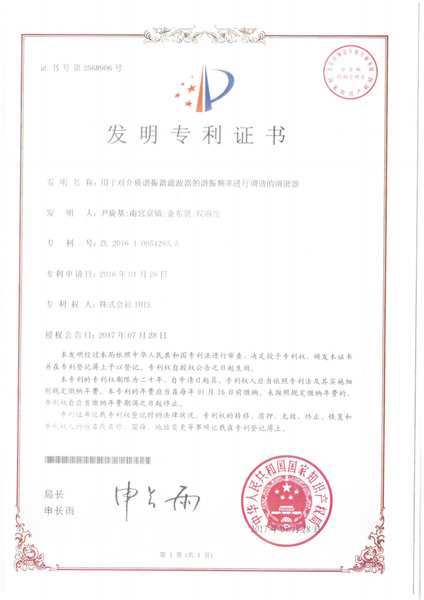 해외특허 등록(중국)  - (주)디스